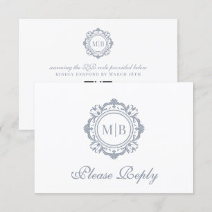 Cartons Réponse Monogramme floral orné Mariage argent