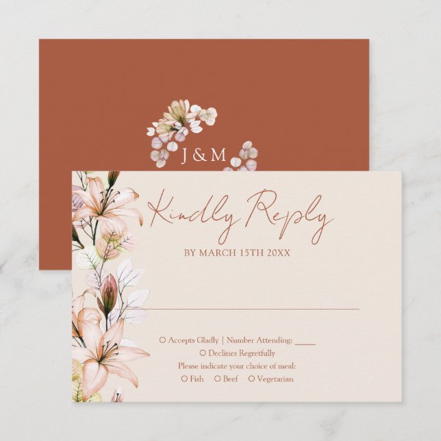 Cartons Réponse Monogramme floral rustique Mariage de automne en t (Devant / Derrière)