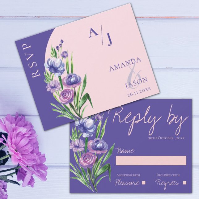 Cartons Réponse Monogramme Floral Violet Élégant Mariage rose (Créateur téléchargé)