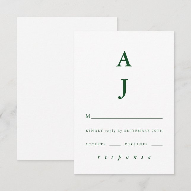 Cartons Réponse Monogramme minimal Mariage vert émeraude (Devant / Derrière)