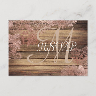 Cartons Réponse Monogramme Rustique Bois Rose Dentelle mariage RSV