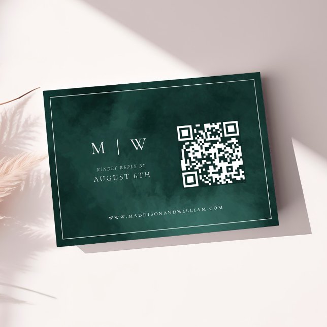 Cartons Réponse Monogramme vert Emerald et Mariage de code QR fron (Créateur téléchargé)
