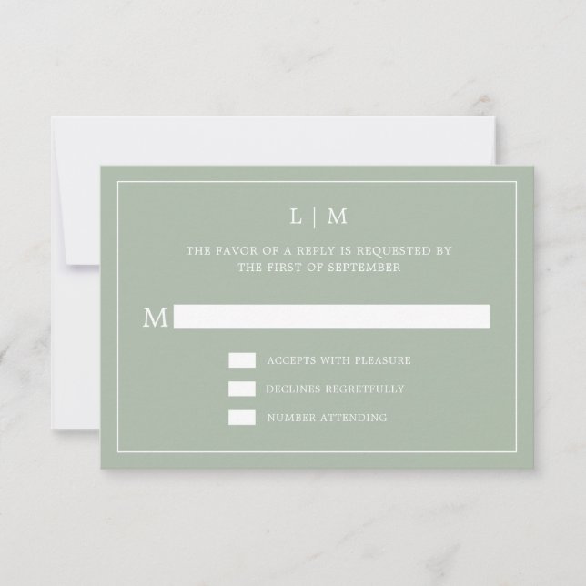 Cartons Réponse Monogramme Vert Sage Simple Mariage élégant (Devant)
