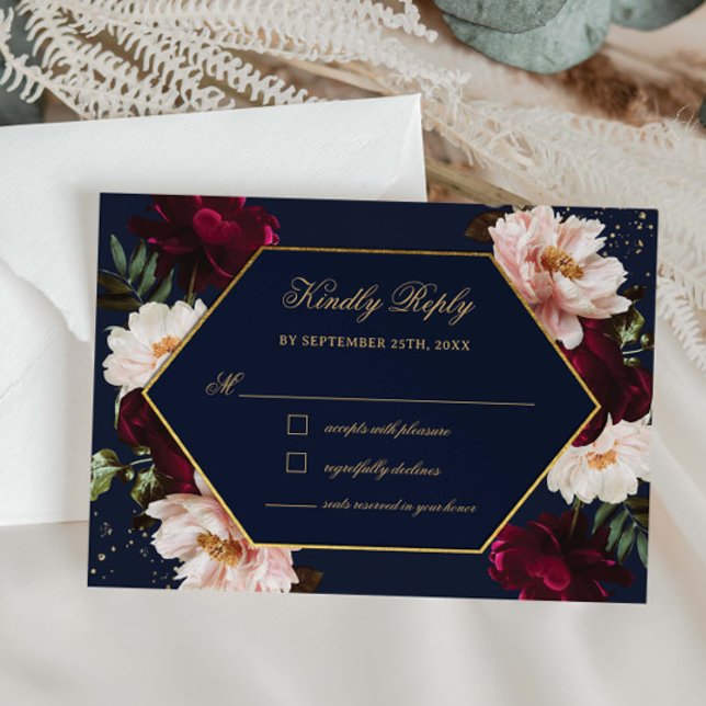 Cartons Réponse Moody Burgundy Blush Peonies Marine Floral Mariage (Créateur téléchargé)
