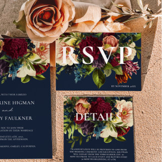 Cartons Réponse Moody Burgundy Navy Blue Winter Floral Mariage