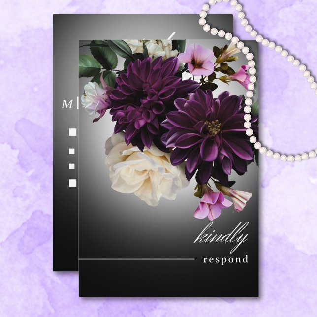 Cartons Réponse Moody foncé Minuit violet Floral Romance Dîner (Dark Moody Midnight Purple Floral Romance Dinner RSVP Card)