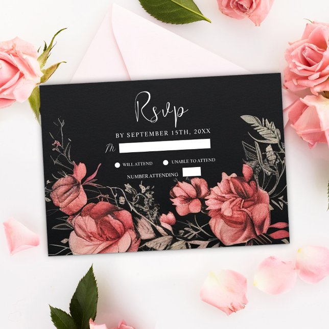 Cartons Réponse Moody unique gothique Floral Mariage noir (Unique Moody Gothic Floral Black Wedding RSVP Card)