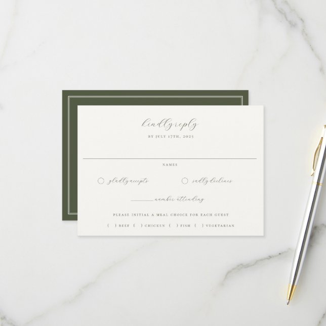 Cartons Réponse Moss Green Beige Mariage Choix de repas (Devant/Arrière en situation)