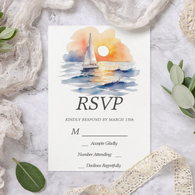 Cartons Réponse Nautique Coucher de soleil Couleur d'eau été Océan (Sailing Sunset Coastal RSVP Wedding Card)