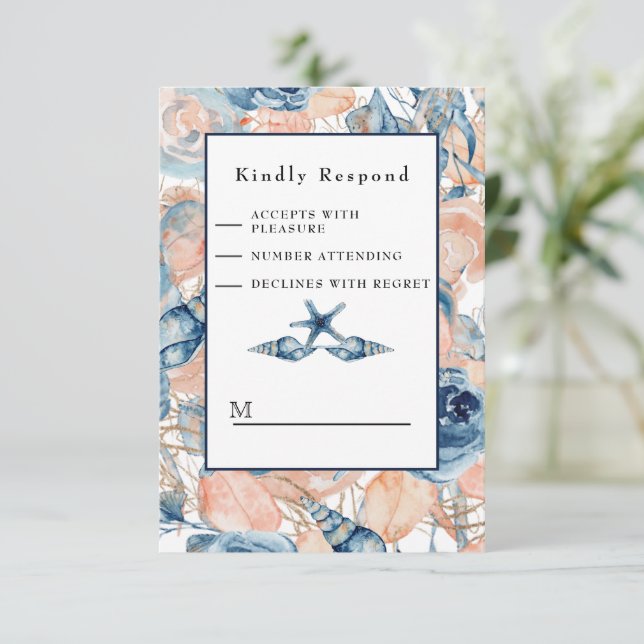 Cartons Réponse Nautique Mariage Beach Sea Shell et Roses, (Debout devant)