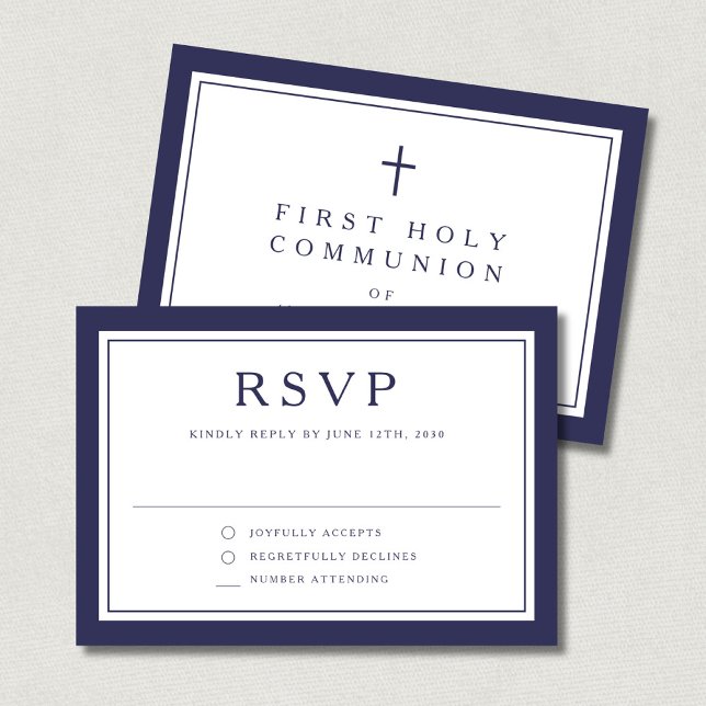 Cartons Réponse Navy Blue Religious Cross Boy First Communion  (Navy Blue Religious Cross Boy First Communion RSVP Card)