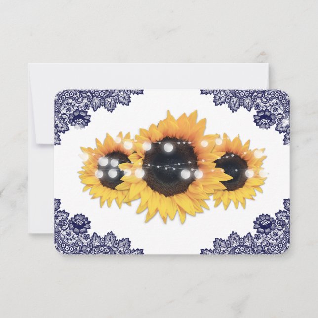 Cartons Réponse Navy Blue Rustic Floral Lace Sunflower Wedding (Devant)