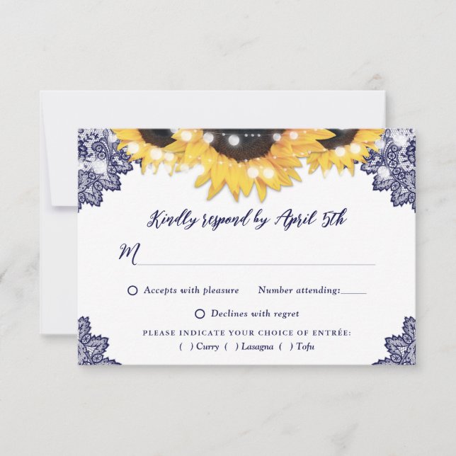 Cartons Réponse Navy Blue Rustic Lace Sunflower Wedding (Devant)