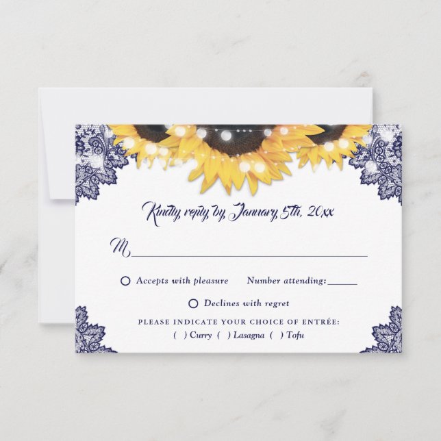 Cartons Réponse Navy Blue Sunflower Lace Wedding Meal Choice (Devant)