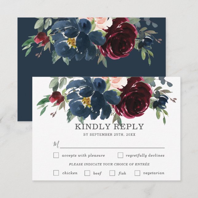 Cartons Réponse Navy Bourgogne Rose Floral Mariage Choix de repas  (Devant / Derrière)