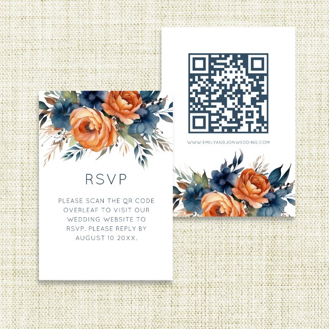 Cartons Réponse Navy Burnt Orange Florals Wedding  (Front and back view)