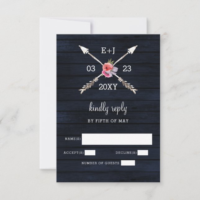 Cartons Réponse Navy Grange bois pays chic mariage (Devant)