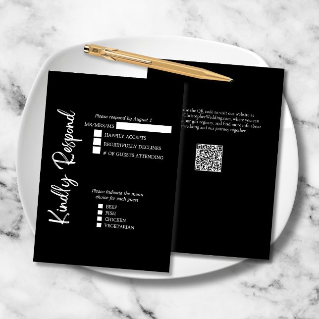 Cartons Réponse Noir Blanc Élégant Gras Script Mariage Formal (Black and White Elegant Kindly Respond Wedding RSVP Card with Menu Selections, QR Code, Website.)
