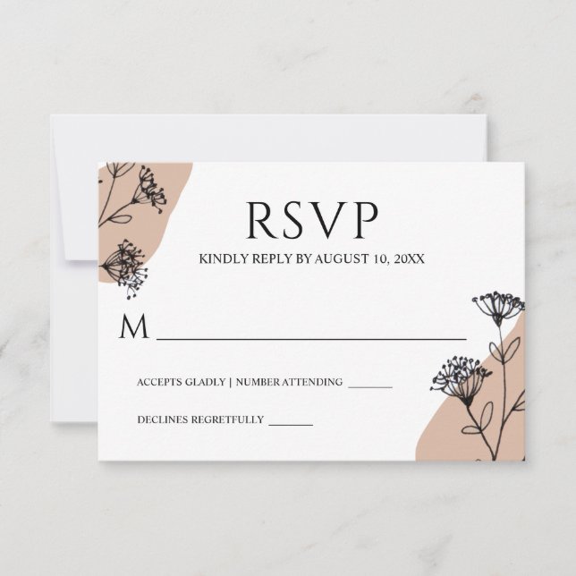 Cartons Réponse Noir Blanc Simple Floral Line Mariage (Devant)