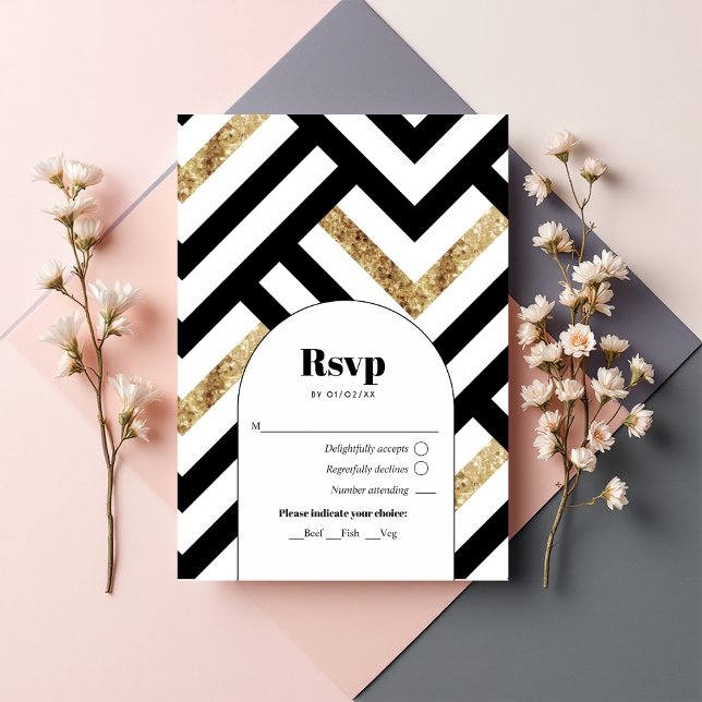 Cartons Réponse Noir et or géométrique moderne (Modern Geometric Black and Gold RSVP Card)