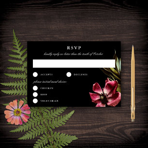 Cartons Réponse Noir foncé + Moody Elégant Floral Noir Mariage RSV