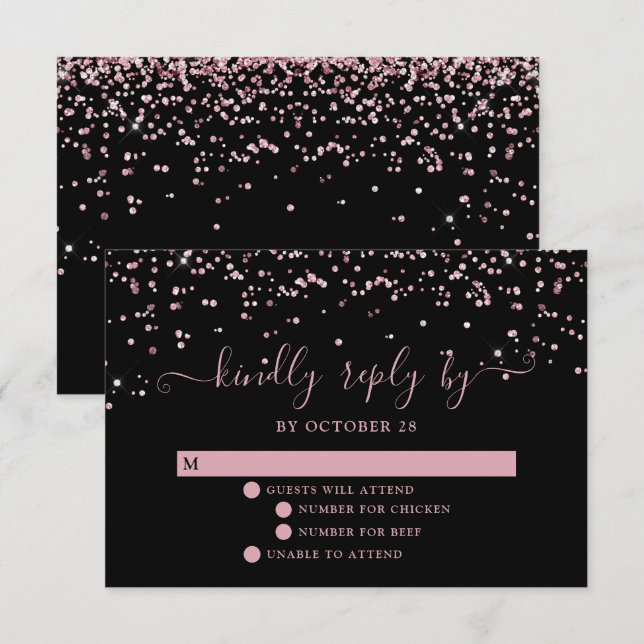 Cartons Réponse Noir Rose Or Blush rose Parties scintillant Mariag (Devant / Derrière)