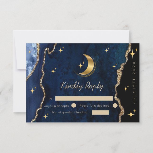 Cartons Réponse Nuit étoilée mariage bleu céleste Lune  (Devant)