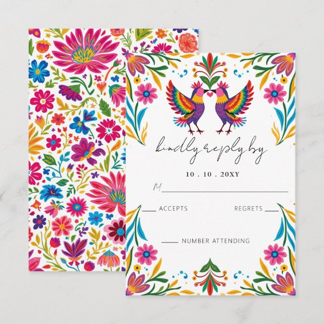 Cartons Réponse Oiseaux mexicains Otomi Vibrant Floral Fiesta Mari (Devant / Derrière)