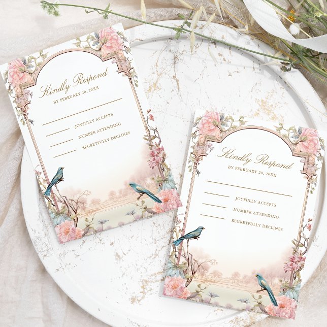 Cartons Réponse Oiseaux romantiques Mariage floral rose (Créateur téléchargé)