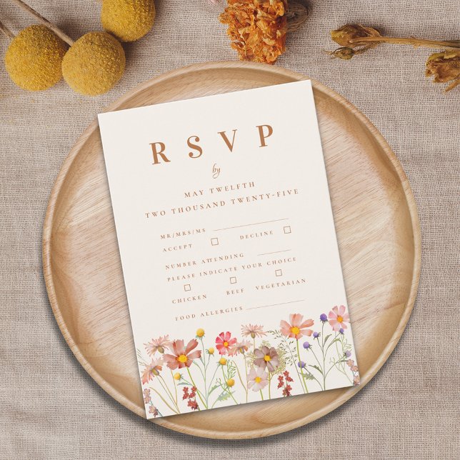 Cartons Réponse Options de repas aux fleurs sauvages bohèmes en te (Boho Wildflower fall Wedding rsvp card autumn watercolor florals burnt Orange terracotta beige coral)