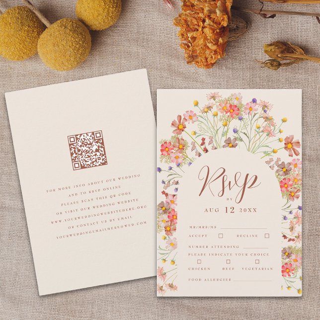 Cartons Réponse Options de repas de mariage floral rustique bohème (Boho fall rustic wildflower floral arch qr code wedding rsvp card Terracotta burnt orange and beige )