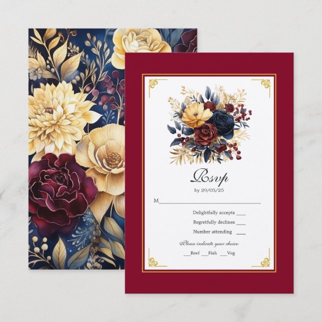 Cartons Réponse Or, bleu marine et Mariage floral de Bourgogne (Devant / Derrière)