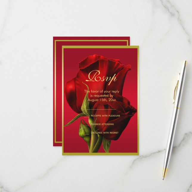 Cartons Réponse Or encadré romantique Rose rouge Anniversaire (Devant/Arrière en situation)