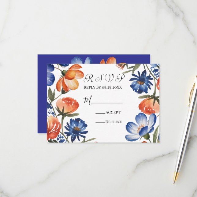 Cartons Réponse Orange and Cobalt Blue Floral Wedding (Devant/Arrière en situation)