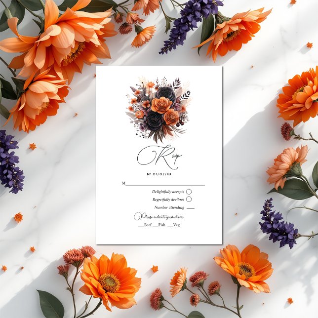 Cartons Réponse Orange brûlé, violet foncé et Mariage floral noir (Burnt Orange, Dark Purple and Black Floral Wedding RSVP Card)