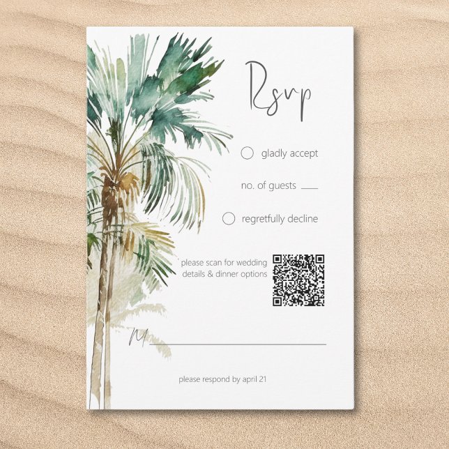 Cartons Réponse Palmiers tropicaux Mariage moderne Code QR (Tropical Palm Trees Modern Wedding QR Code RSVP Card)