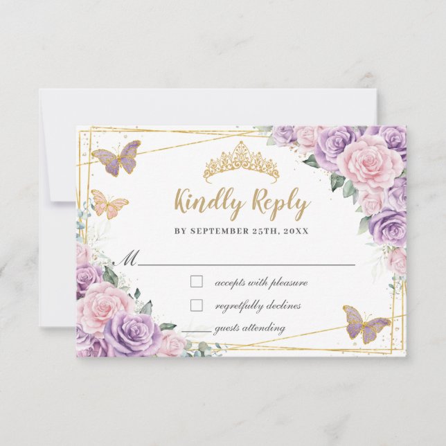 Cartons Réponse Papillons Lilac Rose Floral Rose Quinceañera (Devant)