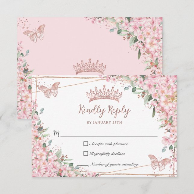 Cartons Réponse Papillons Roses en fleurs de cerisier Quinceañera (Devant / Derrière)