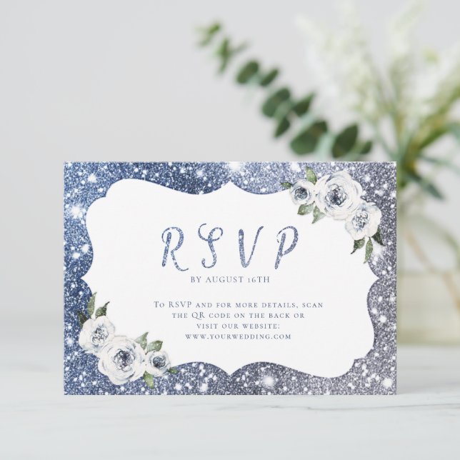Cartons Réponse Parties scintillant bleu étincelant mariage floral (Debout devant)
