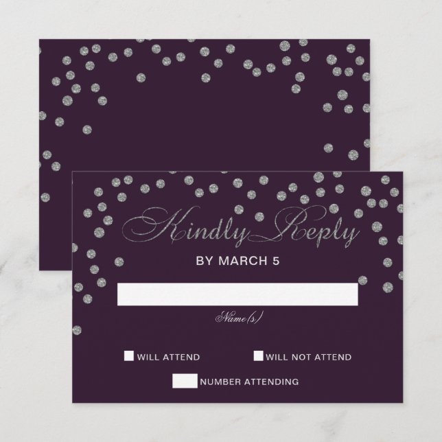 Cartons Réponse Parties scintillant d'argent violet Confetti Maria (Devant / Derrière)