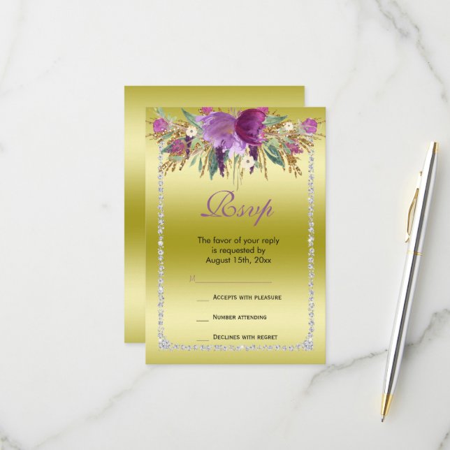 Cartons Réponse Parties scintillant Diamond Classy Fleurs d'aquare (Devant/Arrière en situation)