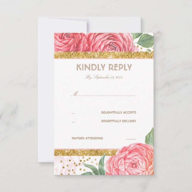 Cartons Réponse Parties scintillant d'or Confetti mariage rose flo (Devant)
