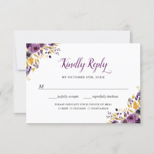 Cartons Réponse Parties scintillant d'or floral en plum violet en 