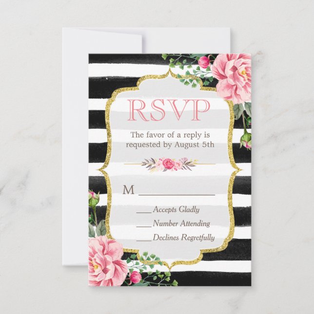 Cartons Réponse Parties scintillant d'or floral romantique B&W Str (Devant)