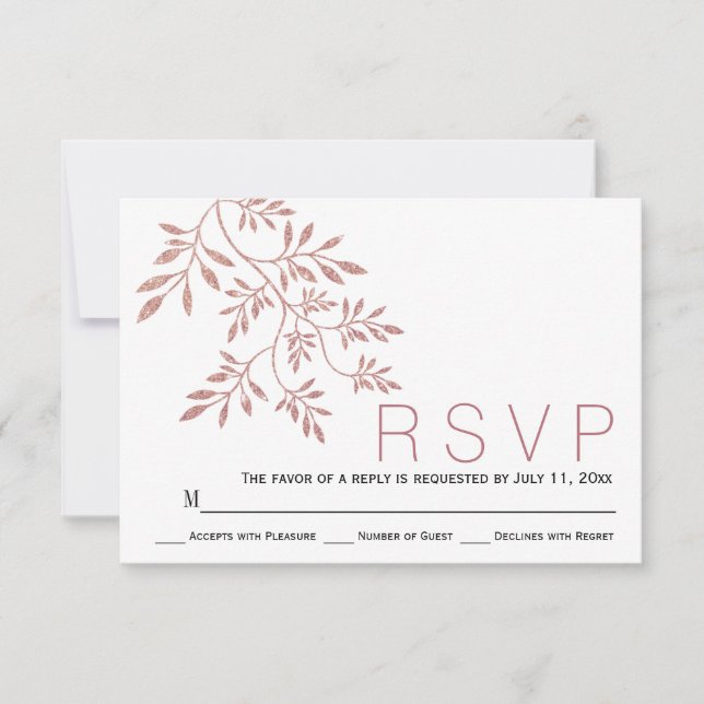 Cartons Réponse parties scintillant d'or rose feuilles mariage mod (Devant)