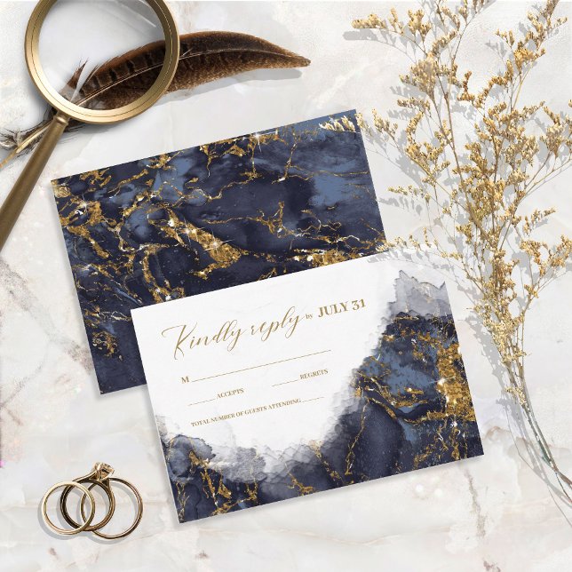 Cartons Réponse Parties scintillant en marbre Mariage Marine Blue  (Créateur téléchargé)