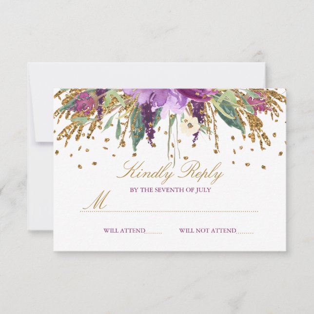 Cartons Réponse Parties scintillant florale Sparkling Amethyst Wed (Devant)