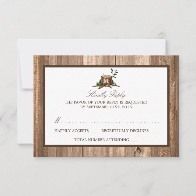 Cartons Réponse Pays Monogramme rustique Arbre et mariage en bois  (Devant)