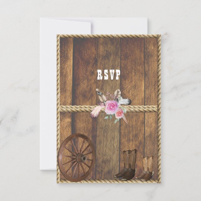 Cartons Réponse Pays Ouest Mariage Rose Roses Plumes corde (Devant)