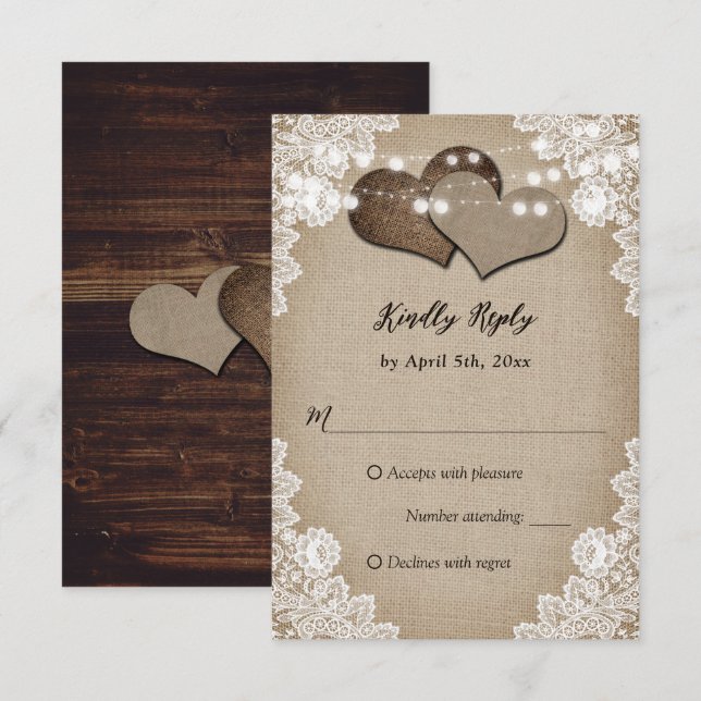Cartons Réponse Pays romantique Burlap Bois Floral Mariage dentell (Devant / Derrière)
